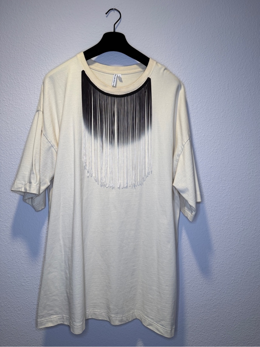 & Other Stories Cream Tee with Black-to-Cream Fringe Neckline